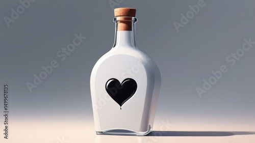 A white glass bottle with a cork top, a black heart graphic, and a single drop of black liquid dripping from the heart