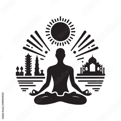 International Yoga Day Silhouette Vector Illustration, Solid White Background.