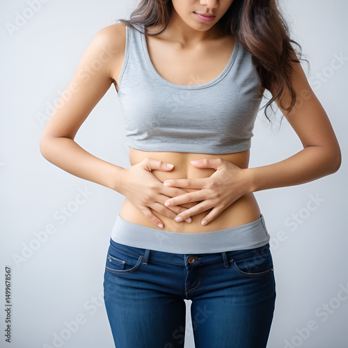 A young woman holding her stomach, abdominal pain, endometriosis, Crohn's disease, SIBO (small intestinal bacterial overgrowth), food intolerance, appendicitis, ulcerative colitis, IBS