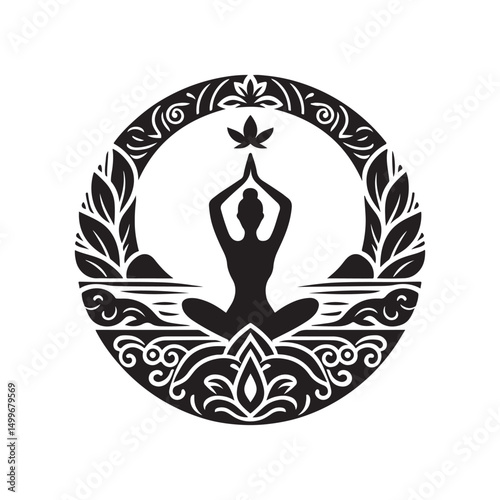 International Yoga Day Silhouette Vector Illustration, Solid White Background.