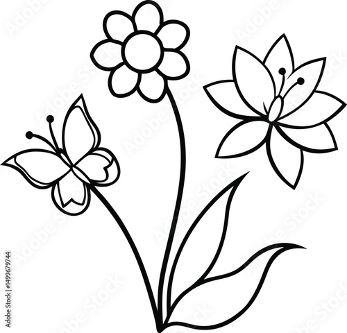 Black outlines depict a butterfly, daisy, and lotus flower arrangement with two leaves