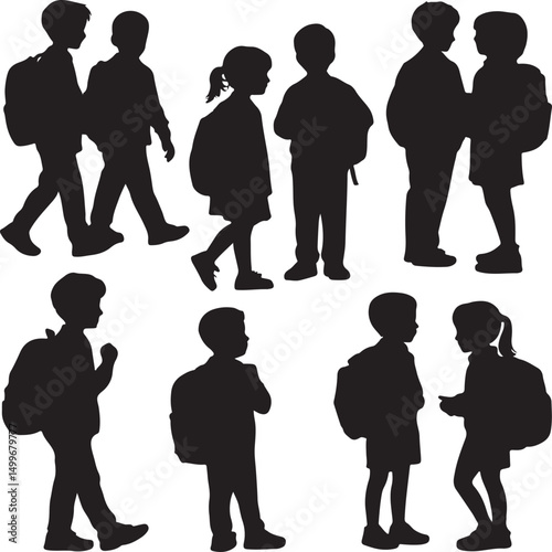 Students with Backpacks Walking to School

Back to School Supplies Silhouette Set

School Bus Arrival Vector Scene

First Day of School Silhouette Design

Teacher Welcoming Students Vector Art