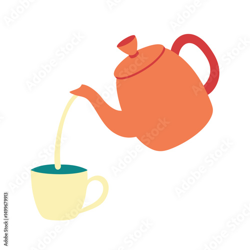 Porcelain teapot and teacup set for hot breakfast beverage illustration