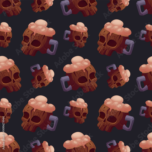 Seamless pattern of cartoon beer mugs shaped like skulls with foam on top. Perfect for fantasy games, party themes, tavern decor, and Halloween style designs