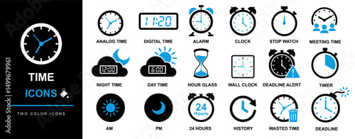 Time icons including meeting, deadline, watch, fast, countdown, analog, digital, alarm, clock, stopwatch, night, day, hourglass, wall clock, timer, am, pm, 24 hour, wasted time, timeline etc