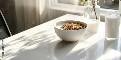 White bowl with granola and milk on sunlit kitchen table. Soft morning light casts shadows, creating cozy minimalistic breakfast scene with glass of milk and vase near bright window. Copy space
