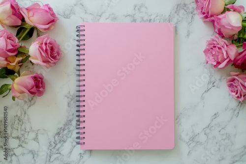 Pink spiral notebook on marble background surrounded by fresh roses. Romantic floral composition for wedding planning, journaling or writing. Feminine stationery flat lay with copy space. Banner