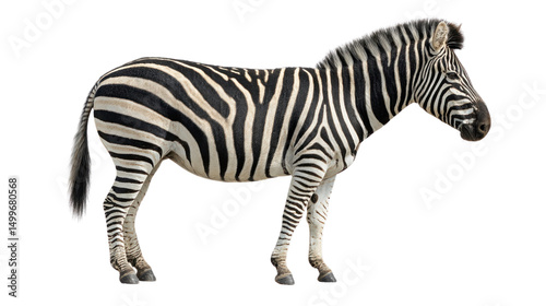 Zebra Standing Profile: A majestic zebra, its distinctive black and white stripes clearly visible, stands in profile against a clean background.