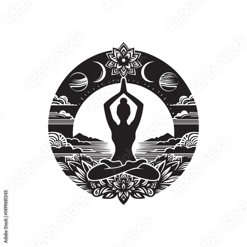 International Yoga Day Silhouette Vector Illustration, Solid White Background.