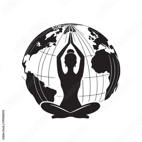 International Yoga Day Silhouette Vector Illustration, Solid White Background.