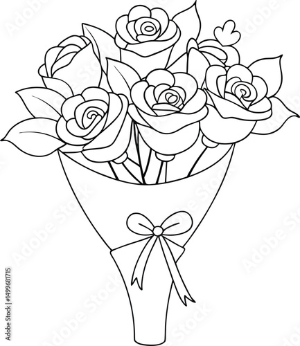 Line art shows roses and leaves wrapped and tied with ribbon