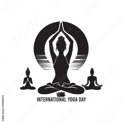 International Yoga Day Silhouette Vector Illustration, Solid White Background.