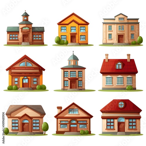 Collection of Diverse School Building Illustrations for Educational Projects and Design Work
