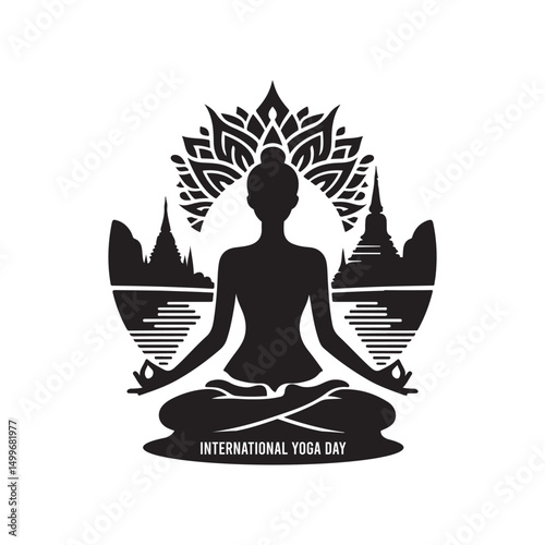 International Yoga Day Silhouette Vector Illustration, Solid White Background.