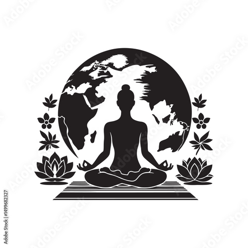 International Yoga Day Silhouette Vector Illustration, Solid White Background.
