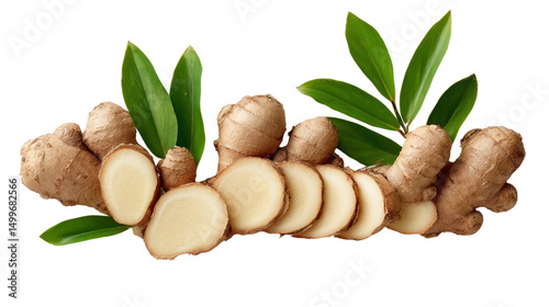 Ginger and green leaves: The captivating image displays a collection of fresh, aromatic ginger roots and vibrant green leaves. Each ginger piece is carefully arranged.