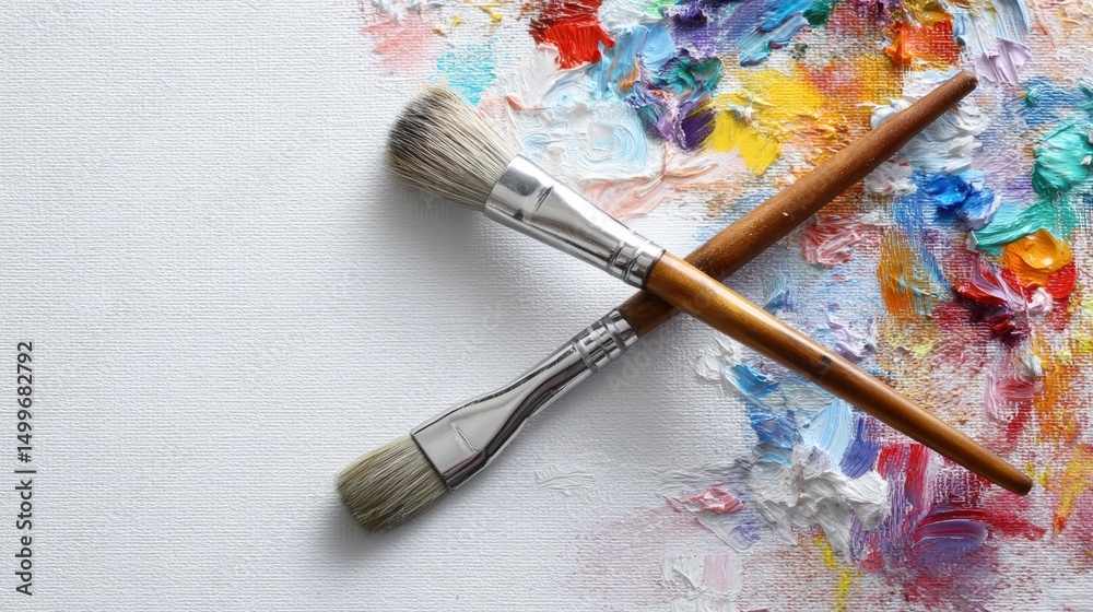 Fototapeta premium Paintbrushes on Canvas with Colorful Palette Strokes and Textured Design