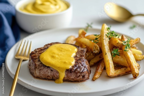 Grilled beef steak with creamy mustard sauce, served with golden French fries and rosemary on a white plate. Gourmet restaurant dish with modern presentation and delicious comfort food styling. Banner