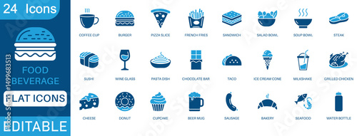 Food and drink icon set. Containing burger, soda, bread, cocktail, pizza, beer,  coffee, water and more. perfect flat icon collection.