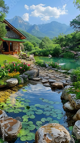Serene reflection of trees in the water of a beautiful Japanese garden pond, a peaceful scene of nature