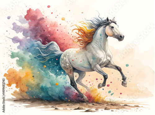 White horse in the field with water color effects