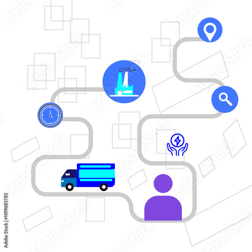 Truck driving along a route marked on a map with factory icons, stopwatch, cloud, and gear. Ideal for logistics, delivery,