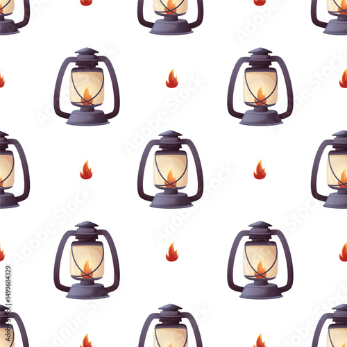 Seamless pattern with camping lanterns and small flames on a white background