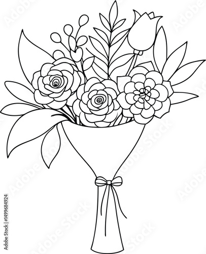 Wrapped bouquet outline includes roses, a tulip, berries, and leaves on white