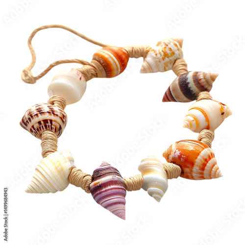 Playful Shell Anklet with a String of Assorted Natural Shells Isolated on Transparent Background