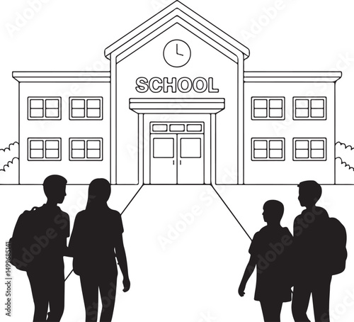 Students with Backpacks Walking to School

Back to School Supplies Silhouette Set

School Bus Arrival Vector Scene

First Day of School Silhouette Design

Teacher Welcoming Students Vector Art