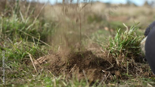farmer collecting soil samples in a test tube in a field. Agronomist checking soil carbon and plant health on a farm