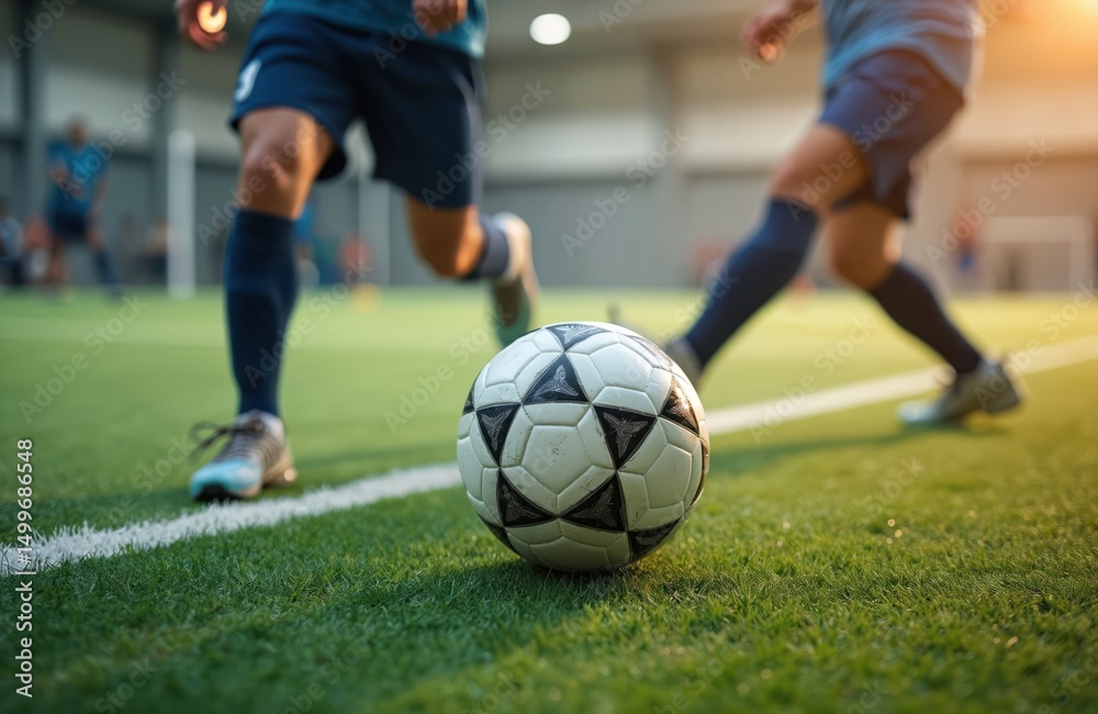 Fototapeta premium Futsal match soccer players with ball on artificial grass indoors. Athletes play game in sports hall. Action during competition. Team sport concept. Professional championship.