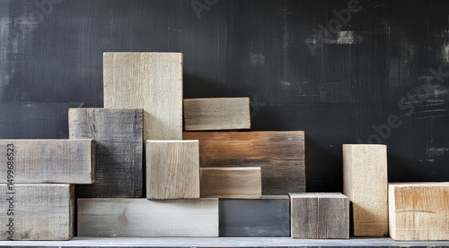 Variously sized and toned reclaimed wood blocks arranged asymmetrically against a dark gray background photo