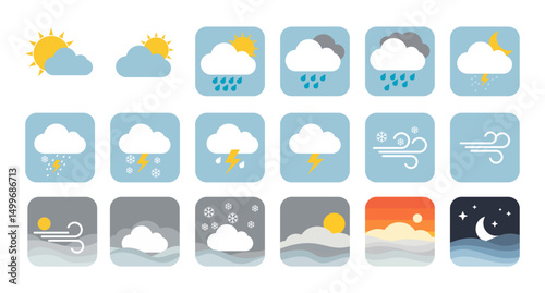 weather icons, clouds, sunny, gray, cloudy, rainy, snowflakes, wind, sun, moon, crescent, waves, sunrise, sunset, beach, background. and many more.