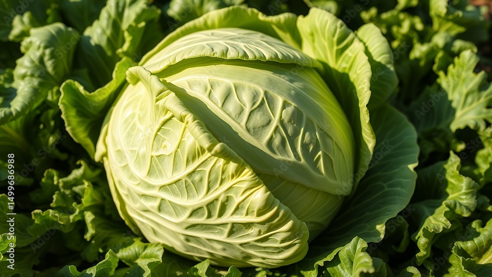 Fototapeta premium Fresh Cabbage Head Amidst Green Leaves