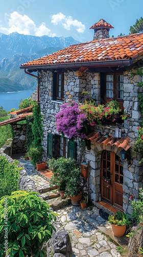 An old stone cottage with a wood roof sits in a mountain landscape near a European village