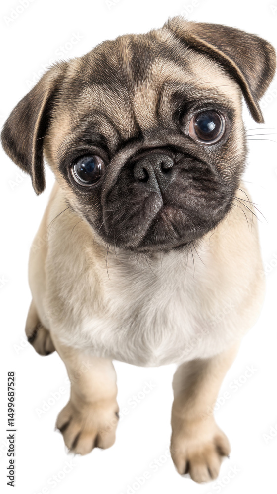 Fototapeta premium Adorable Pug Puppy: A heartwarming image of an adorable pug puppy, captured from an overhead perspective, showcasing its endearing features and expressive eyes. 