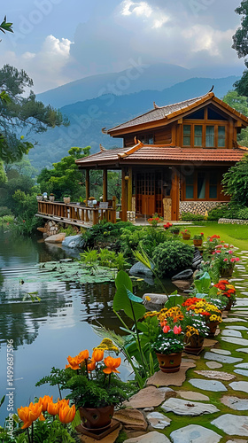 Traditional architecture of a Japanese house blends with the serene garden landscape featuring a pond, trees, and oriental elements in Japan