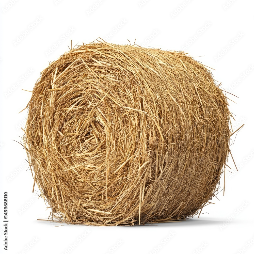 A tightly-bound cylindrical bale of golden-brown hay, isolated on a white background, showing texture and slight shadow A tightly-bound cylindrical bale of golden-brown hay, isolated on a white background, showing texture and slight shadow