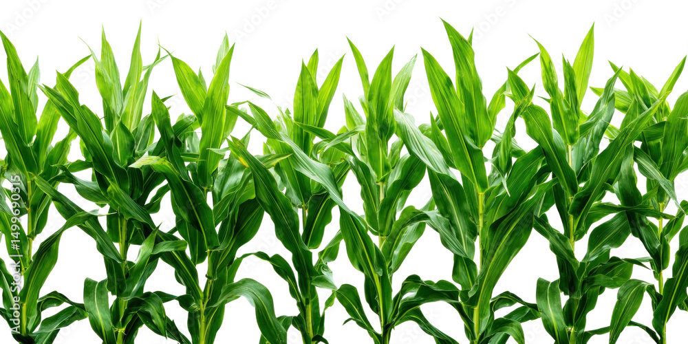 Fototapeta premium Vibrant Corn Stalks: A captivating image showcasing lush, verdant corn stalks, their leaves reaching toward the sky. This photograph encapsulates the essence of agriculture and nature's vitality.