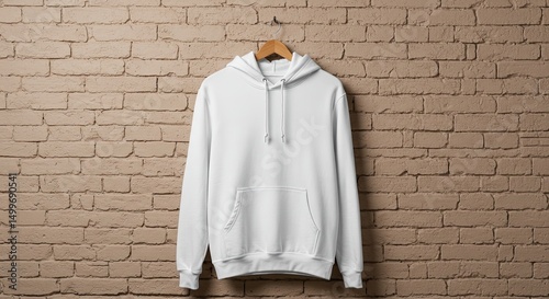 Clean White Hoodie against Brick Backdrop: This image features a simple white hoodie hanging against a textured brick background. A minimalist composition that highlights the item itself.