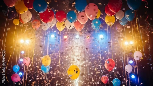 Colorful balloon celebration with sparkling confetti and festive lights