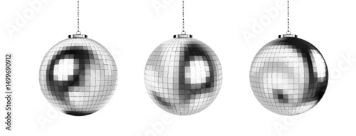 Pixelated halftone disco balls hanging on white background in bold black and white retro style	
