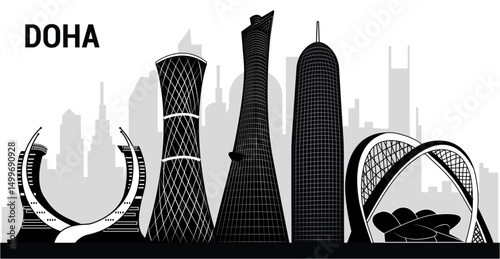A vector masterpiece showcasing Doha’s detailed skyline silhouette—sleek, modern, and iconic. Perfect for travel art, branding, souvenirs, and Qatar-themed creative projects.