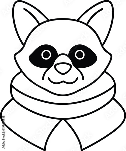 Vector illustration of a friendly cartoon raccoon face with black and white outline and simple design