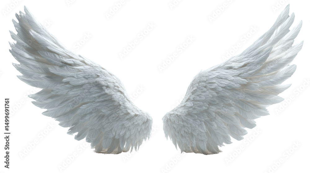 Obraz premium Angelic Wings: A pair of large, majestic white wings, exquisitely detailed, extend outward, symbolizing purity, freedom, and spirituality.