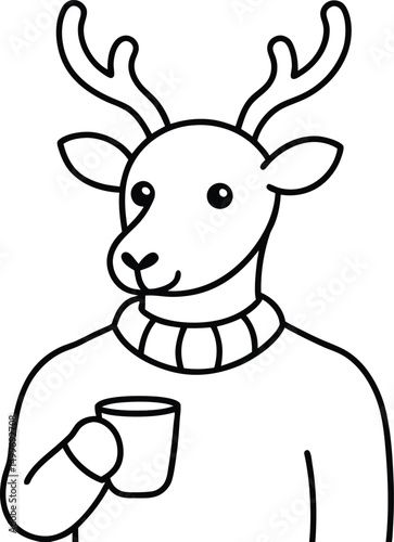Adorable cartoon reindeer character holding a warm cup of coffee or tea in minimalist black and white style