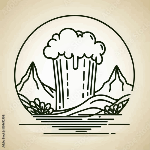 Craft beer pouring from glass with mountains and river in minimalist style