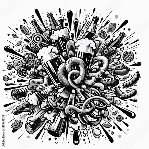 Explosive composition of drinks and snacks in black and white artwork