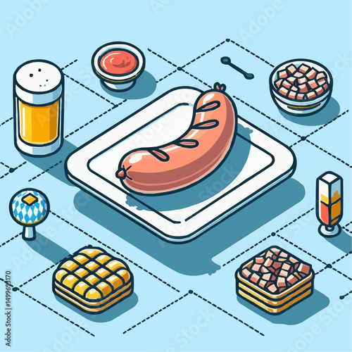 Delicious assortment of food items including sausage, beer, and snacks in vibrant design